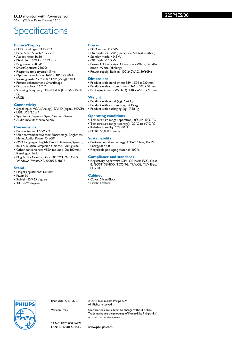 Specifications | Philips 225P1ES-00 User Manual | Page 3 / 3