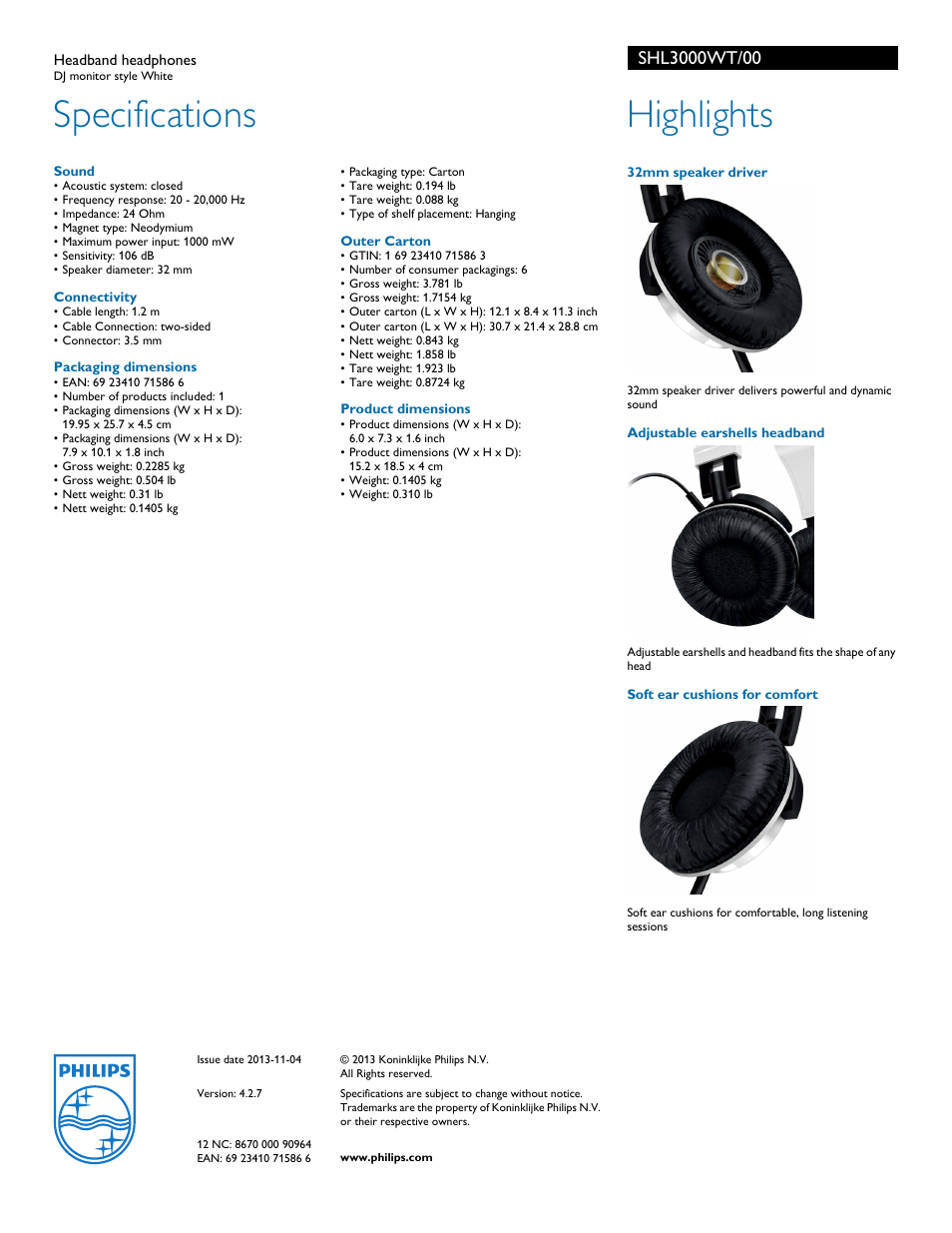 Specifications, Highlights | Philips SHL3000WT-00 User Manual | Page 2 / 2