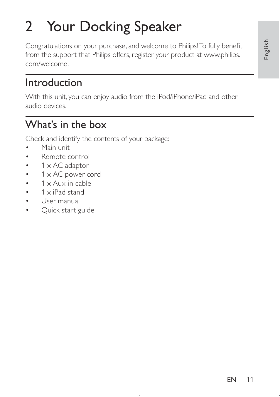 2 your docking speaker, Introduction, What’s in the box | Philips DS8550-37 User Manual | Page 12 / 27