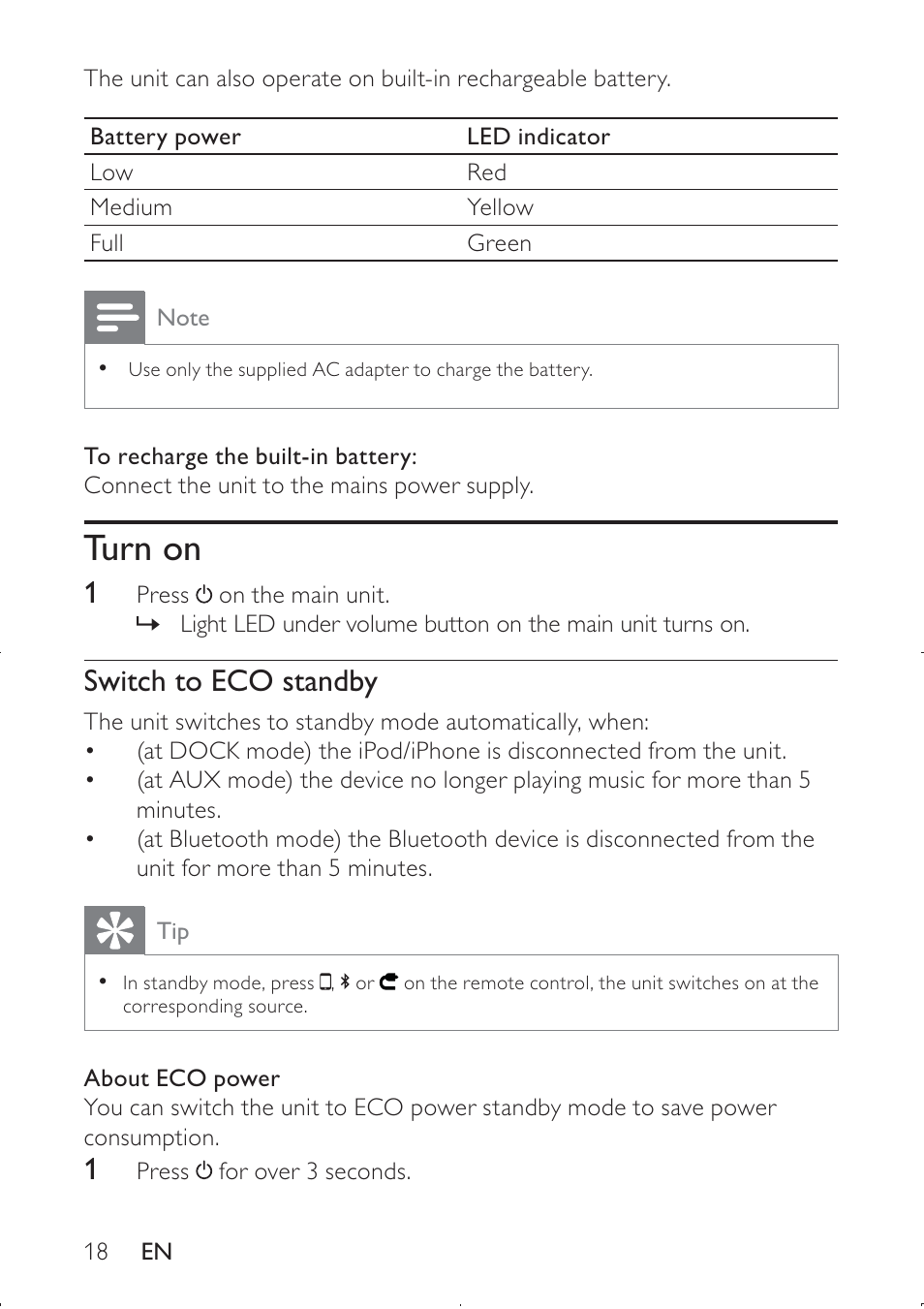 Turn on, Switch to eco standby | Philips DS8550-37 User Manual | Page 19 / 27