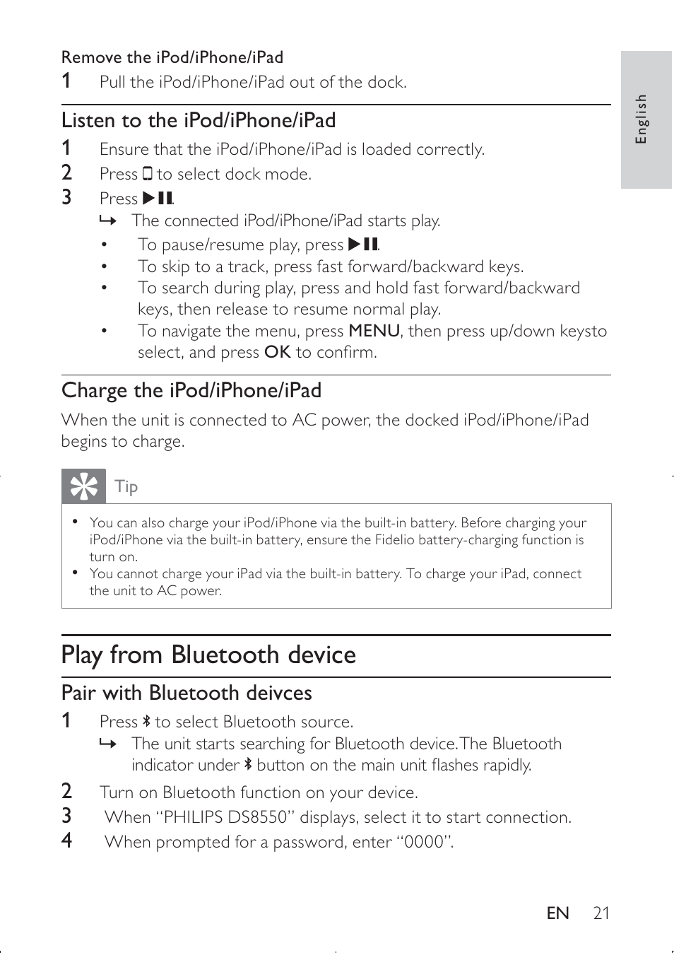 Play from bluetooth device, Listen to the ipod/iphone/ipad 1, Charge the ipod/iphone/ipad | Pair with bluetooth deivces 1 | Philips DS8550-37 User Manual | Page 22 / 27