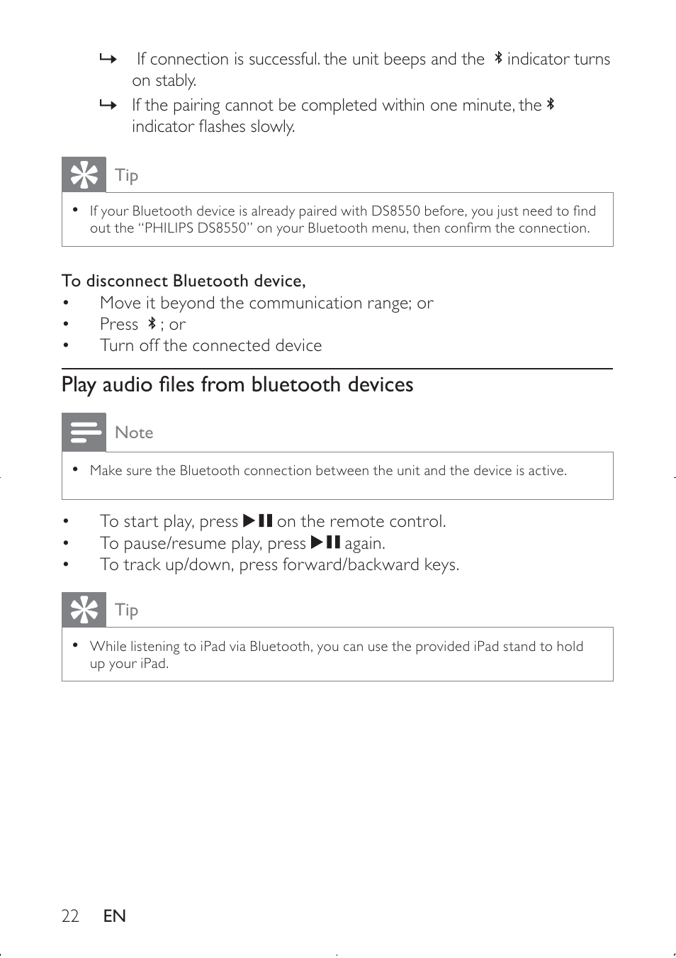 Play audio ﬁles from bluetooth devices | Philips DS8550-37 User Manual | Page 23 / 27