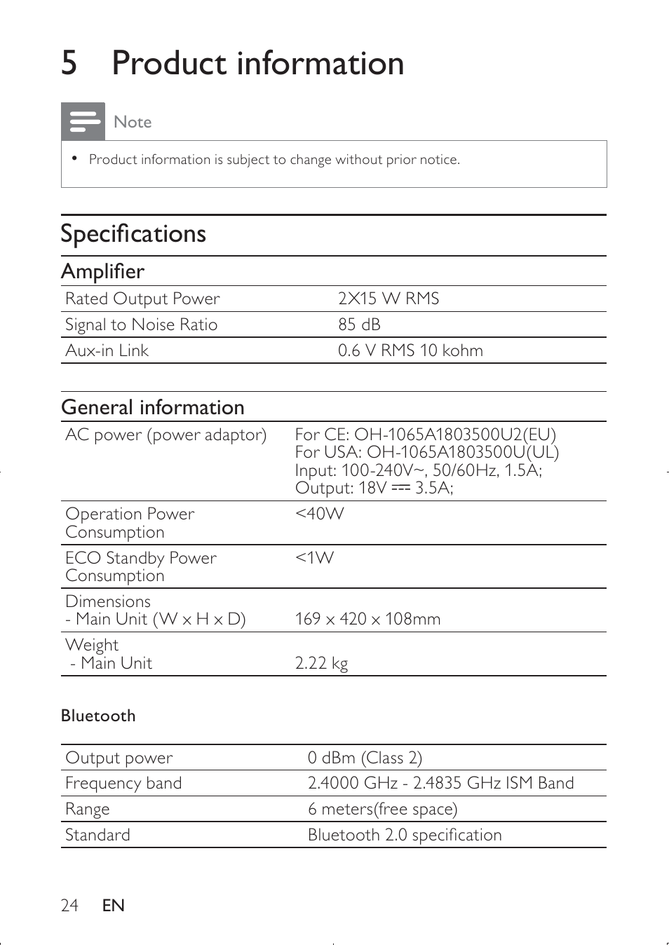 5 product information, Speciﬁcations, Ampliﬁer | General information | Philips DS8550-37 User Manual | Page 25 / 27