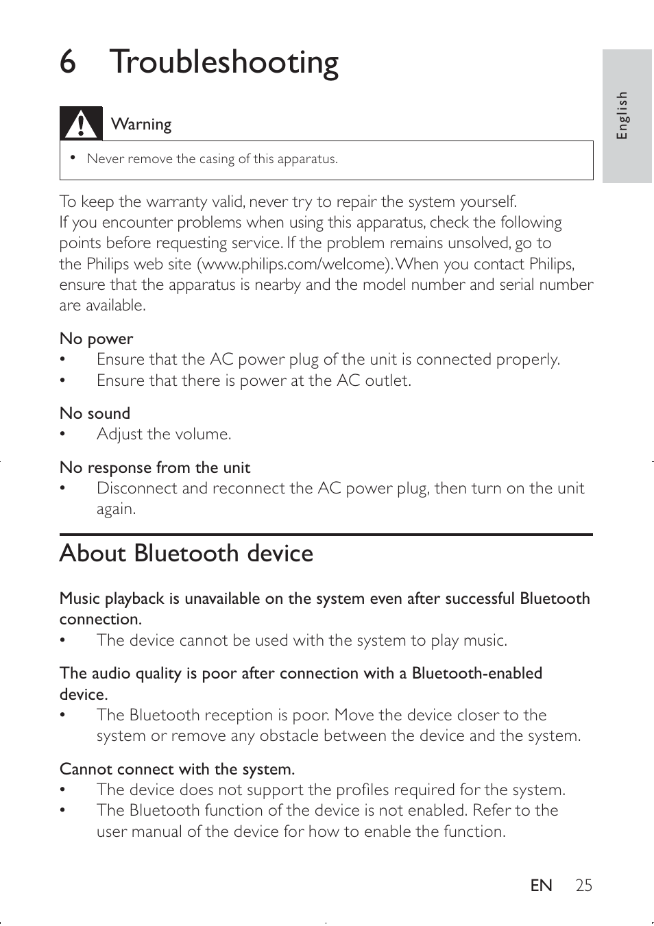 6 troubleshooting, About bluetooth device | Philips DS8550-37 User Manual | Page 26 / 27