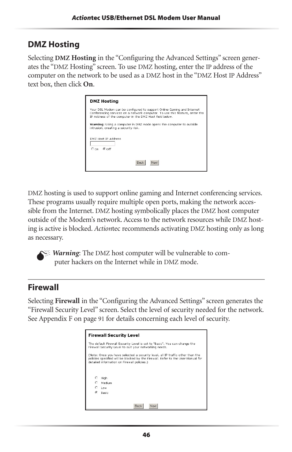 Dmz hosting, Firewall, 46 firewall | Actiontec electronic GT701 User Manual | Page 49 / 115