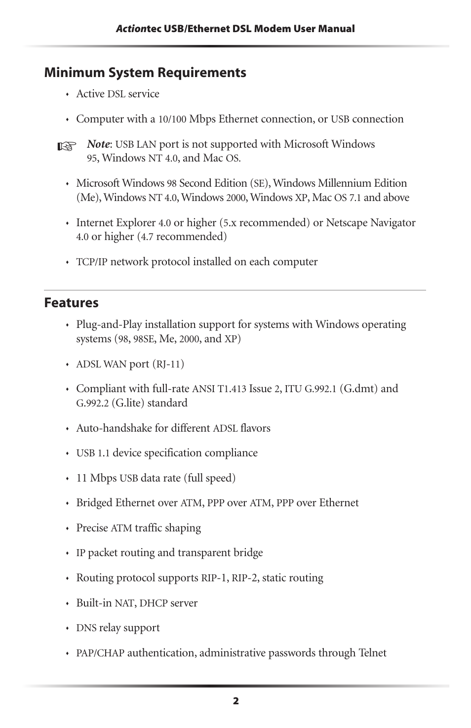 Minimum system requirements, Features, 2 features | Actiontec electronic GT701 User Manual | Page 5 / 115