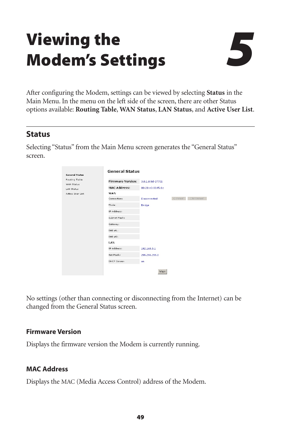 Viewing the modem’s settings, Status | Actiontec electronic GT701 User Manual | Page 52 / 115