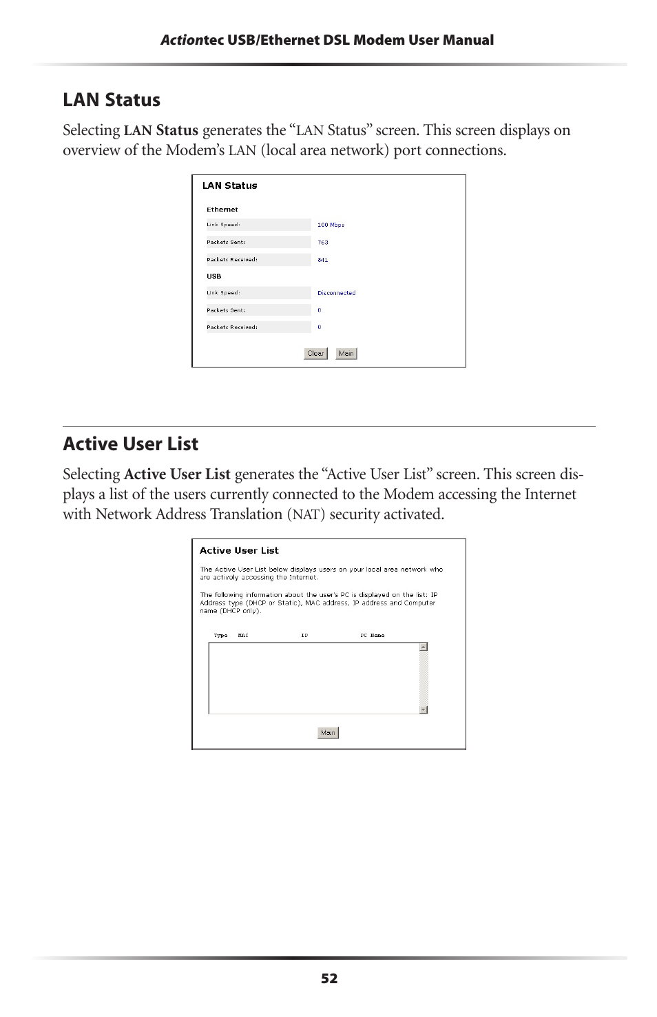 Lan status, Active user list, 52 active user list | Actiontec electronic GT701 User Manual | Page 55 / 115