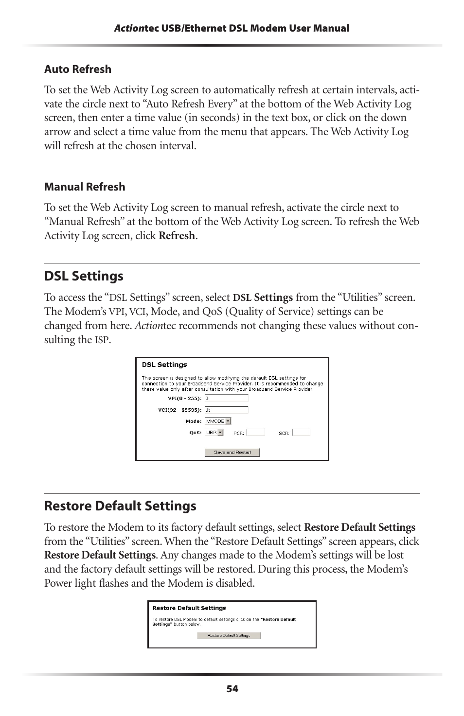 Dsl settings, Restore default settings, 54 restore default settings | Actiontec electronic GT701 User Manual | Page 57 / 115