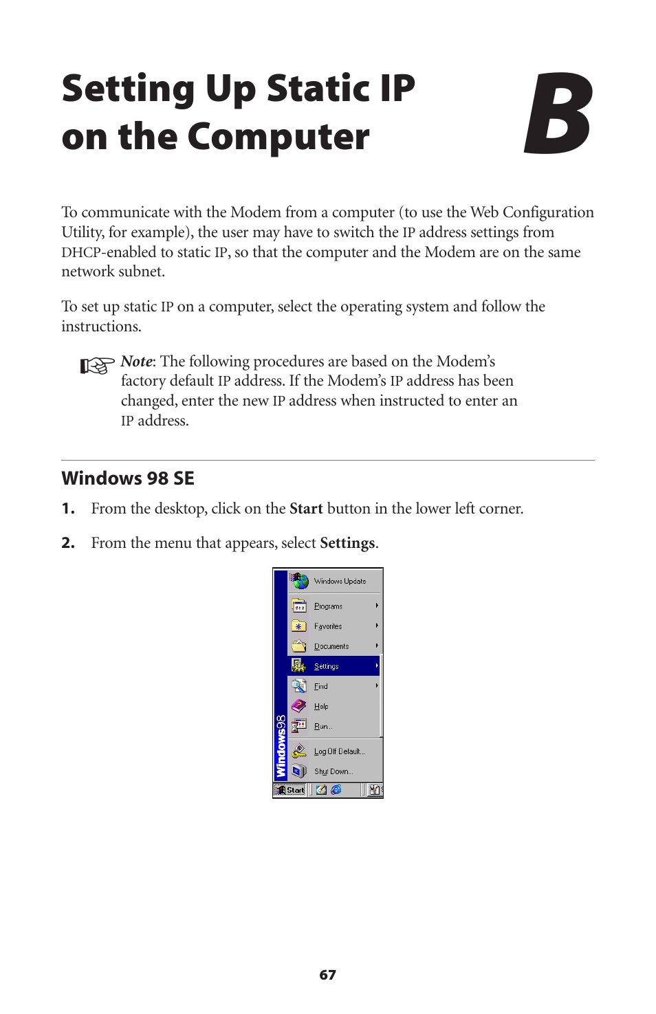 Setting up static ip on the computer, Windows 98 se | Actiontec electronic GT701 User Manual | Page 70 / 115