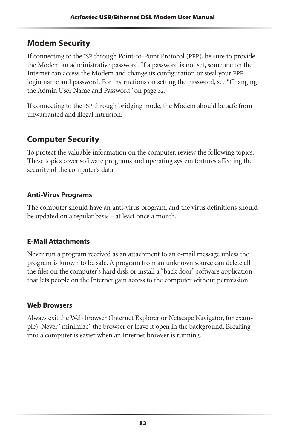 Modem security, Computer security, 82 computer security | Actiontec electronic GT701 User Manual | Page 85 / 115