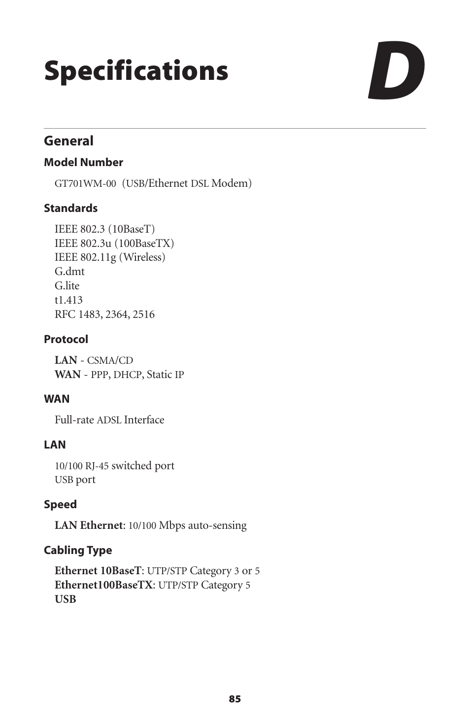 Specifications, General | Actiontec electronic GT701 User Manual | Page 88 / 115