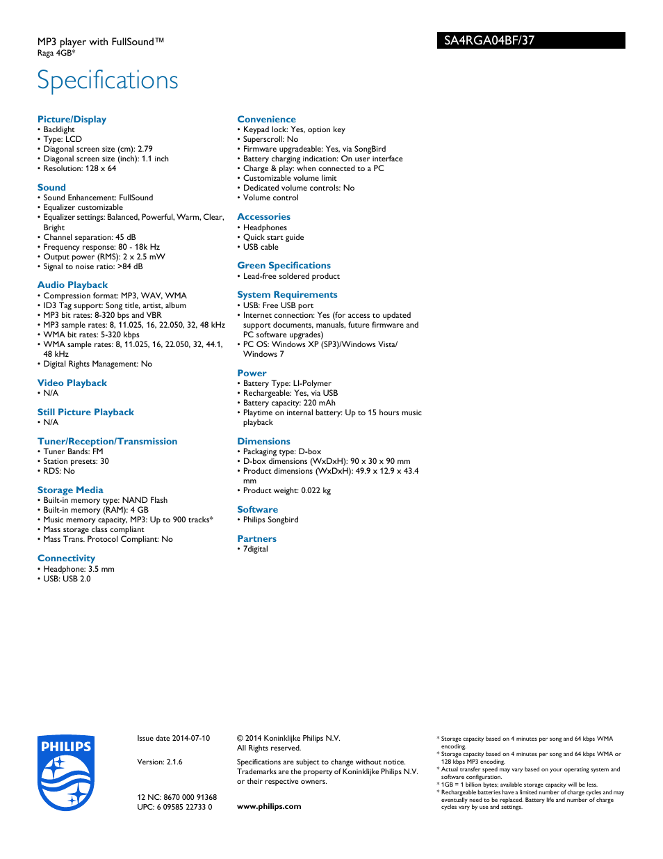 Specifications | Philips SA4RGA04BF-37 User Manual | Page 3 / 3