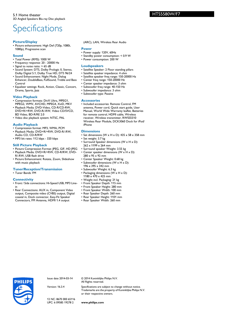 Specifications | Philips HTS5580W-F7 User Manual | Page 3 / 3