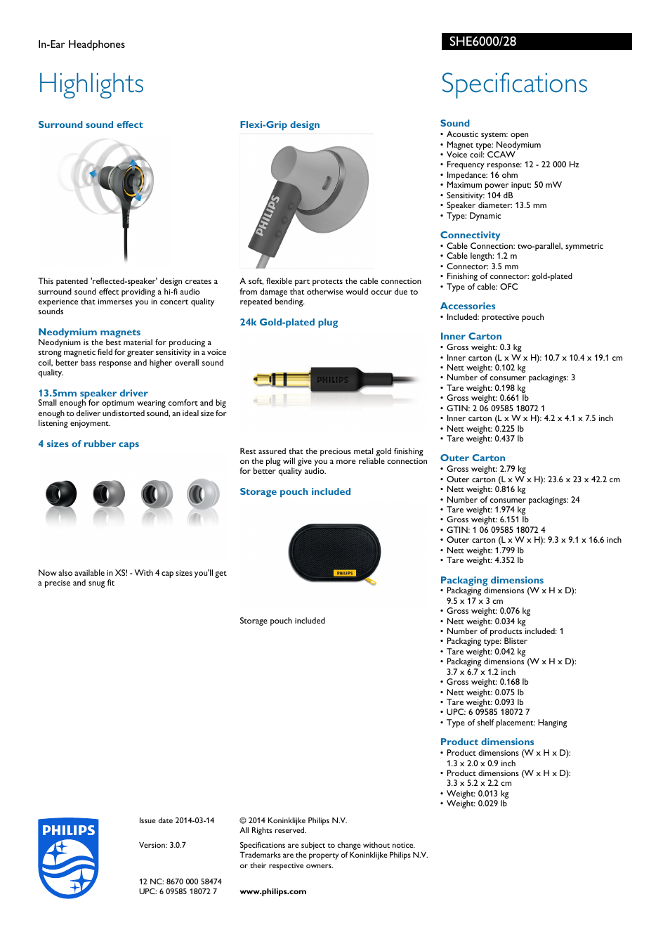 Highlights, Specifications | Philips SHE6000-28 User Manual | Page 2 / 2