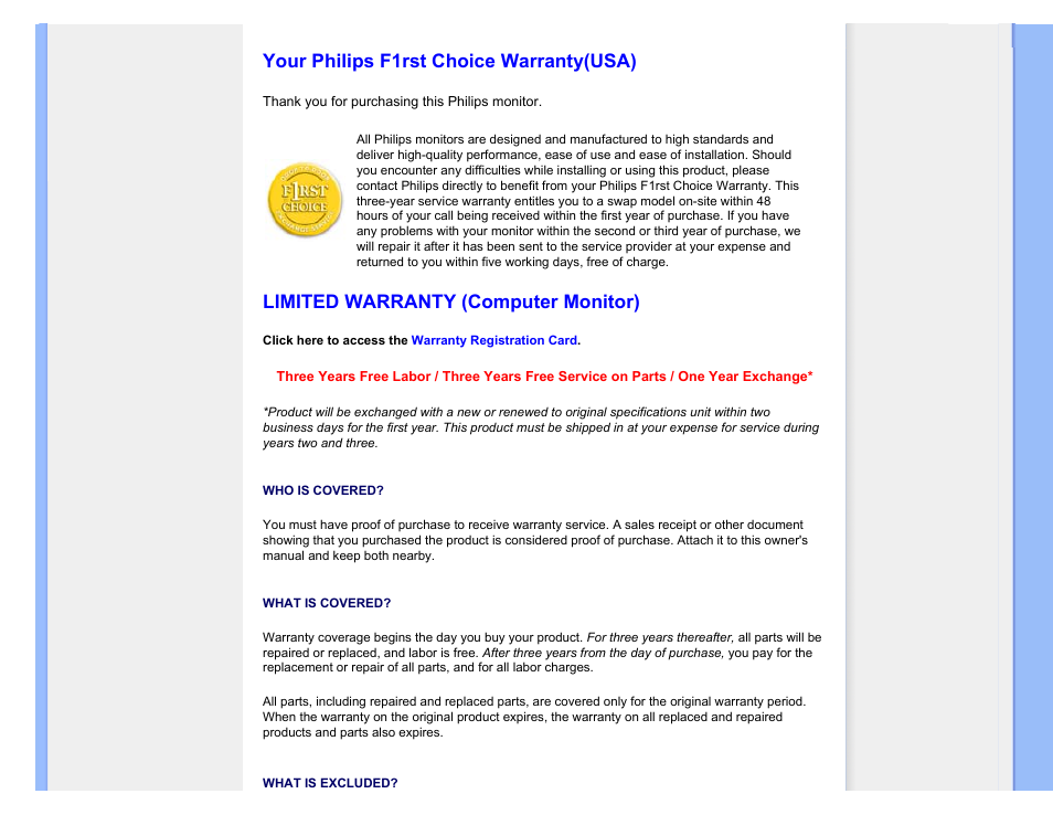 United states guarantee, Canada, Your philips f1rst choice warranty(usa) | Limited warranty (computer monitor) | Philips 220SW9FB-27 User Manual | Page 104 / 119