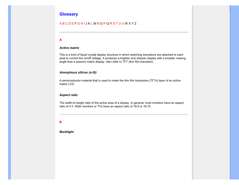 Glossary, Defines technical terms | Philips 220SW9FB-27 User Manual | Page 108 / 119