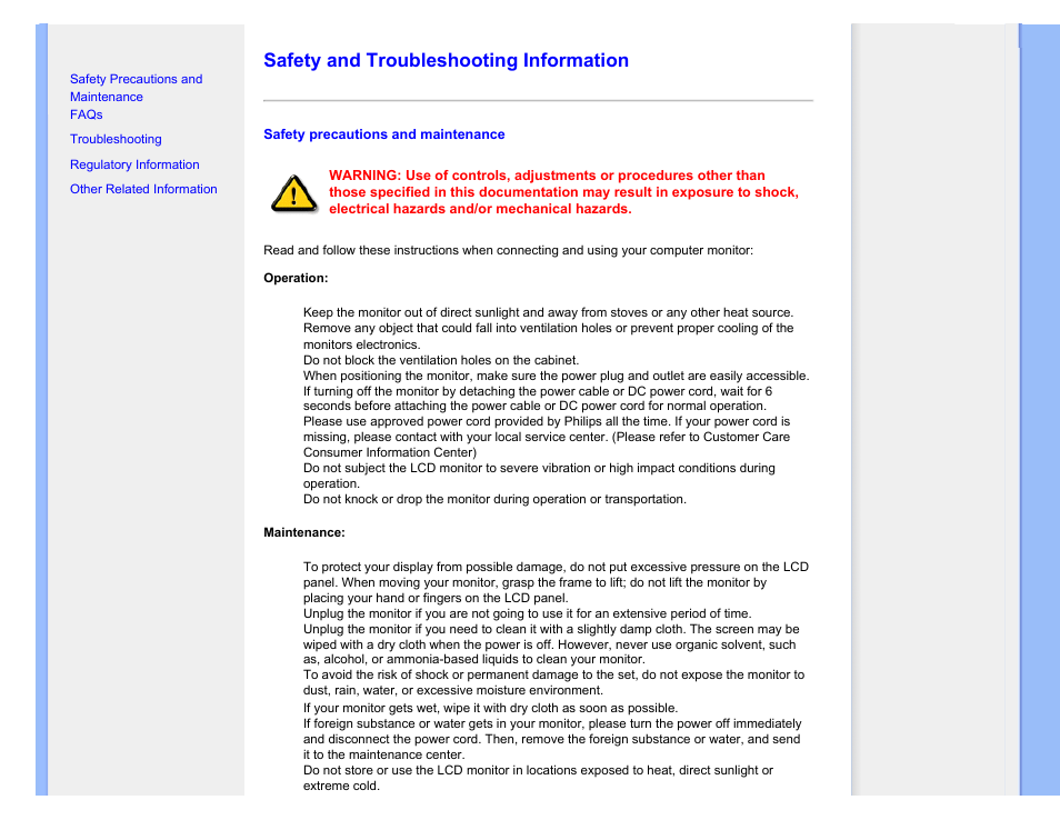 Safety and troubleshooting information | Philips 220SW9FB-27 User Manual | Page 2 / 119