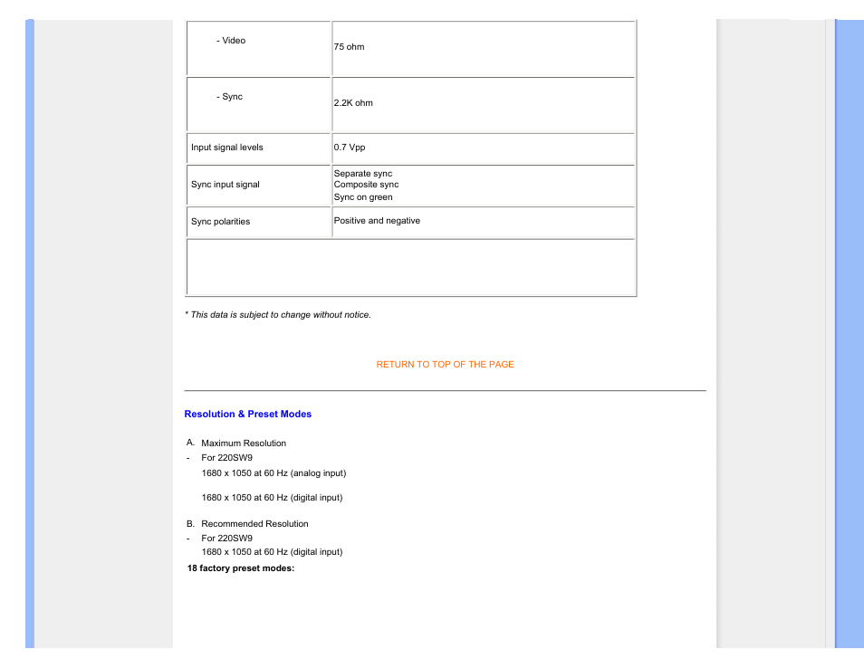 Resolution & preset modes | Philips 220SW9FB-27 User Manual | Page 35 / 119