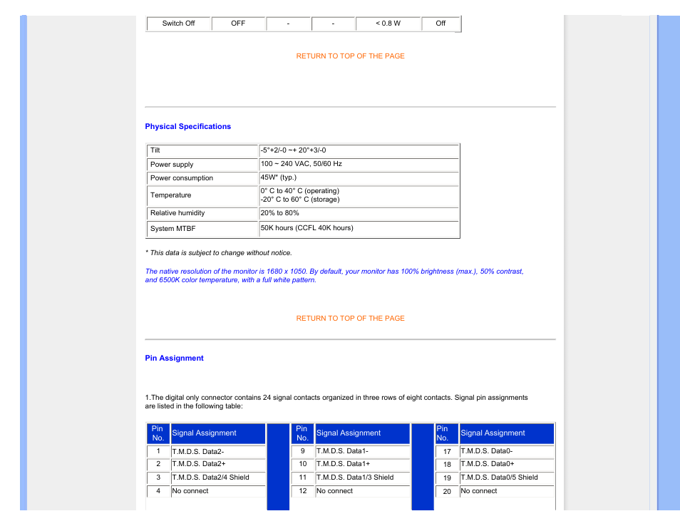 Physical specification | Philips 220SW9FB-27 User Manual | Page 37 / 119