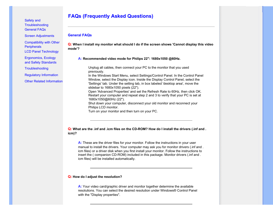 Faqs (frequently asked questions), Faqs | Philips 220SW9FB-27 User Manual | Page 4 / 119