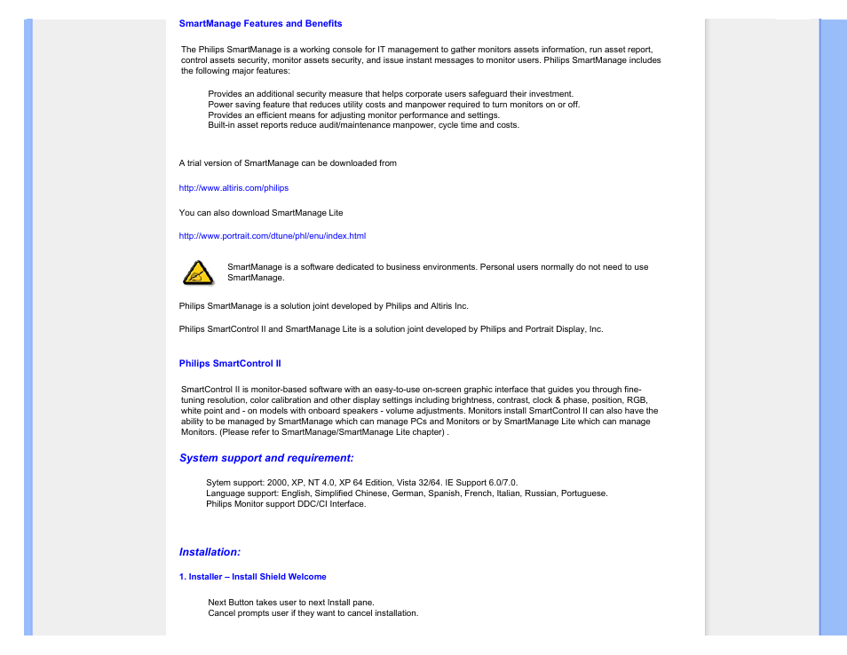 Philips smartcontrol ll, System support and requirement, Installation | Philips 220SW9FB-27 User Manual | Page 45 / 119