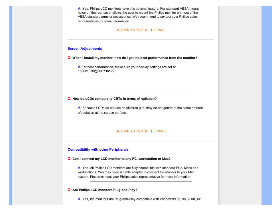 Screen adjustments, Compatibility with other, Peripherals | Philips 220SW9FB-27 User Manual | Page 7 / 119