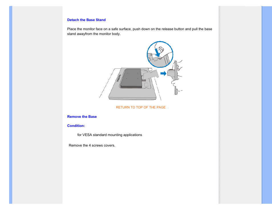 Detach the base stand | Philips 220SW9FB-27 User Manual | Page 74 / 119