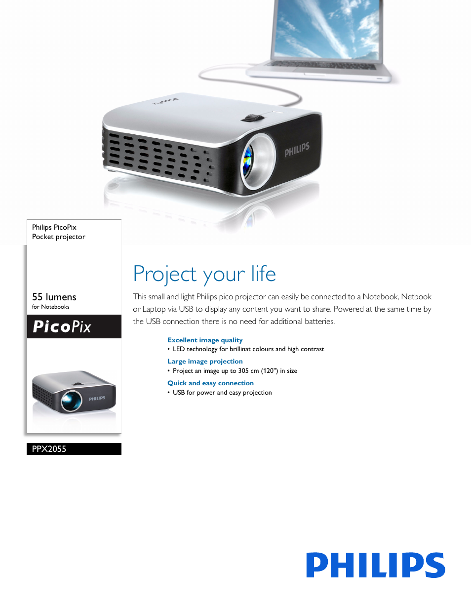 Philips PicoPix Pocket projector PPX2055 55 lumens for Notebooks User Manual | 2 pages