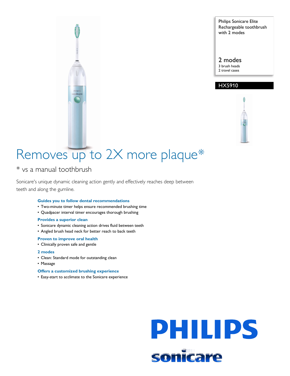 Philips Sonicare Elite Rechargeable toothbrush with 2 modes HX5910 2 modes 3 brush heads 2 travel cases User Manual | 2 pages