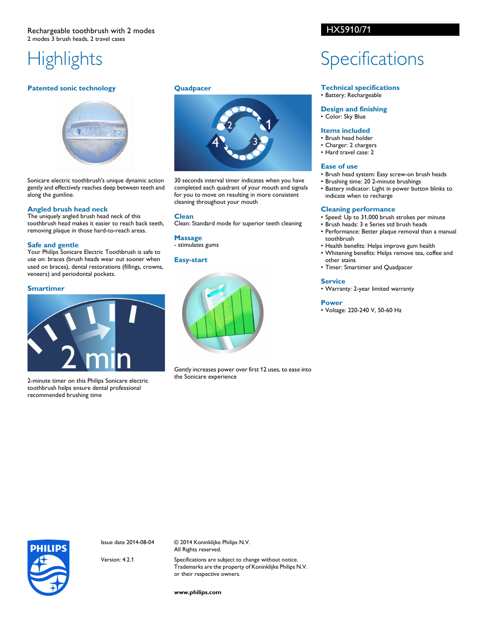 Highlights, Specifications | Philips Sonicare Elite Rechargeable toothbrush with 2 modes HX5910 2 modes 3 brush heads 2 travel cases User Manual | Page 2 / 2