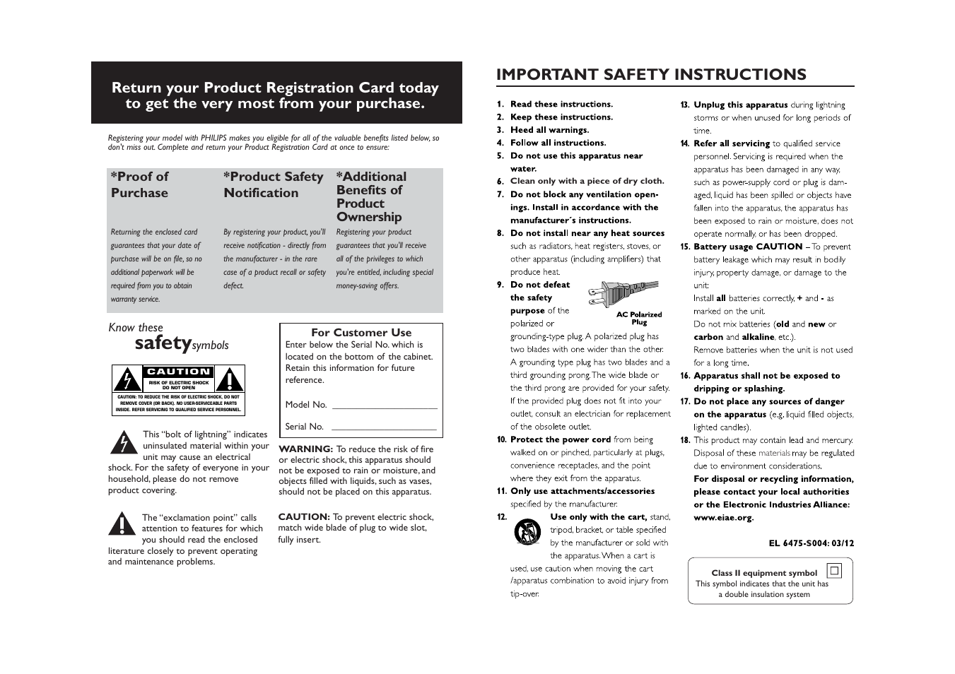 Safety, Important safety instructions, Proof of purchase | Product safety notification, Additional benefits of product ownership | Philips AZ1835-37 User Manual | Page 2 / 9