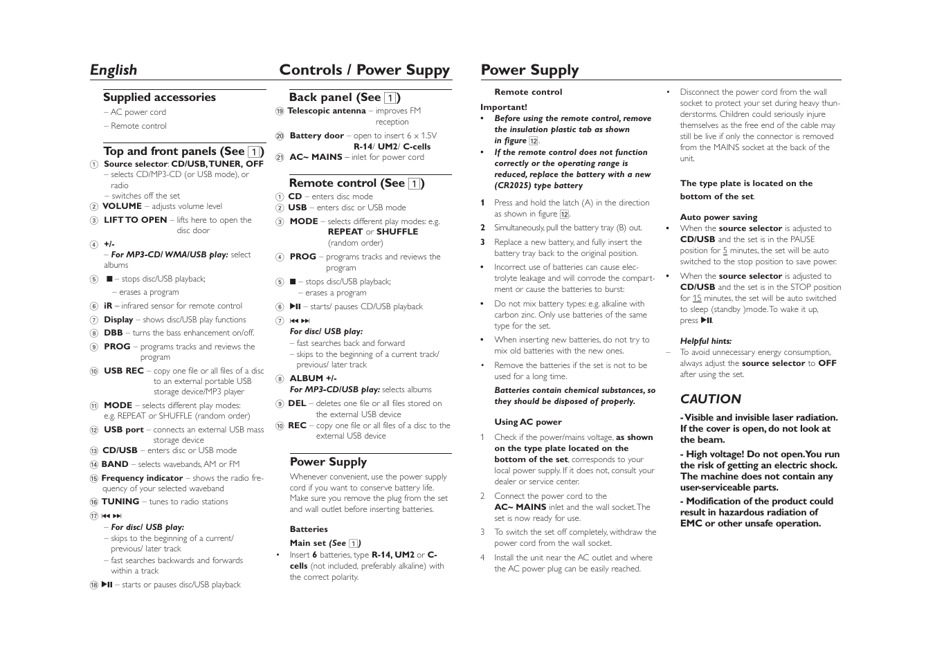 English controls / power suppy power supply, Caution | Philips AZ1835-37 User Manual | Page 5 / 9