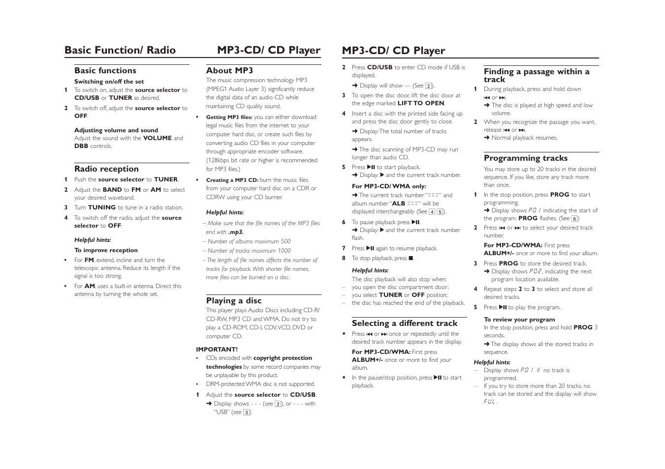 Basic function/ radio mp3-cd/ cd player, Mp3-cd/ cd player | Philips AZ1835-37 User Manual | Page 6 / 9