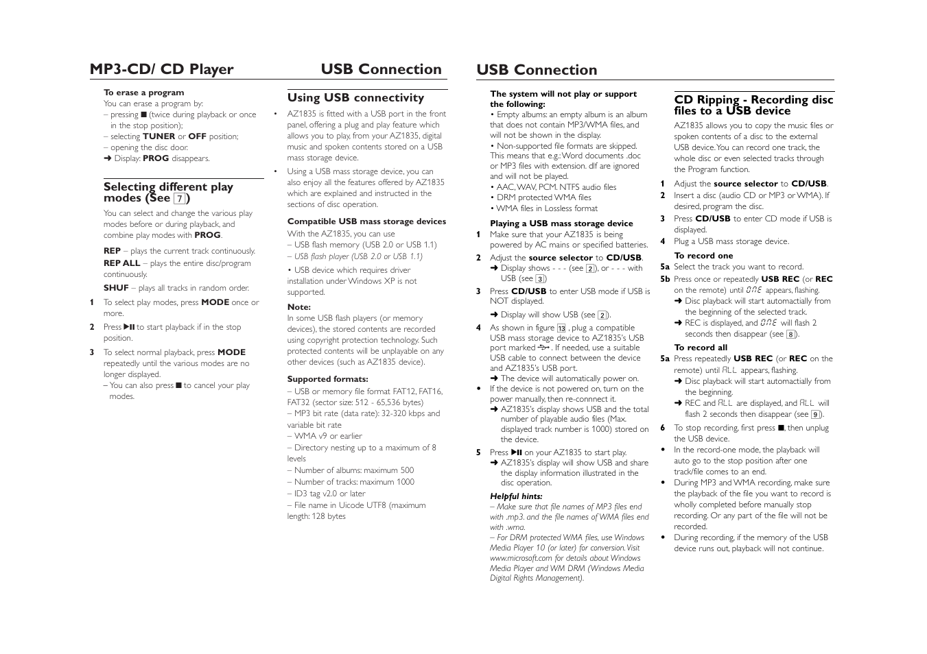 Usb connection mp3-cd/ cd player usb connection | Philips AZ1835-37 User Manual | Page 7 / 9