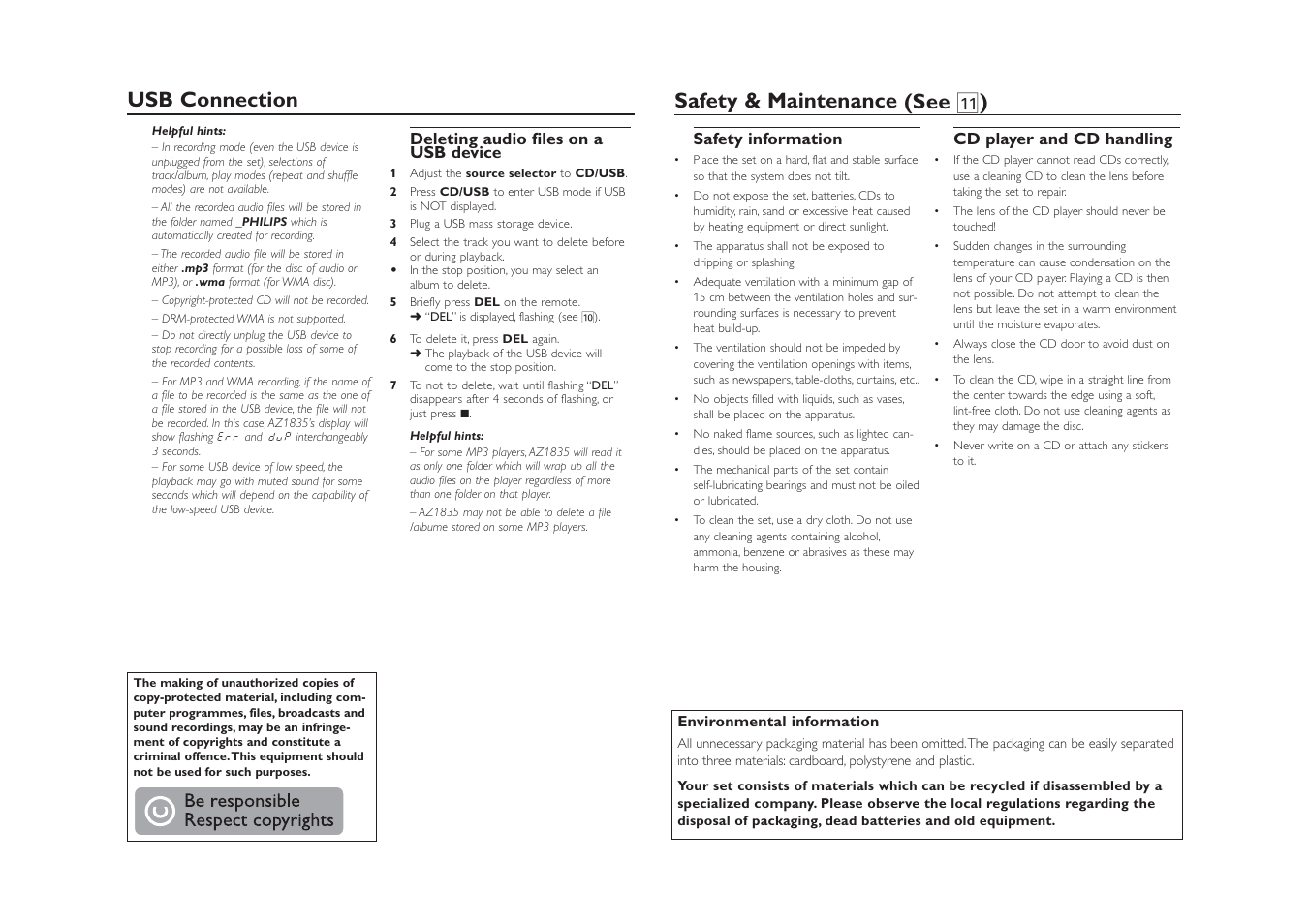 Safety & maintenance (see ! ) usb connection | Philips AZ1835-37 User Manual | Page 8 / 9