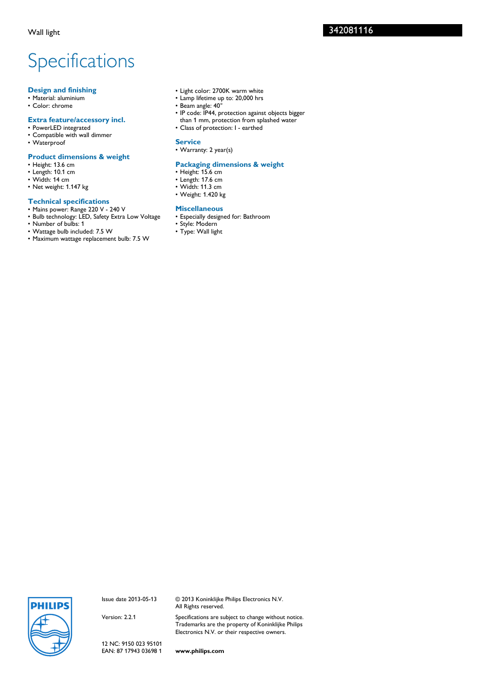 Specifications | Philips 342081116 User Manual | Page 3 / 3