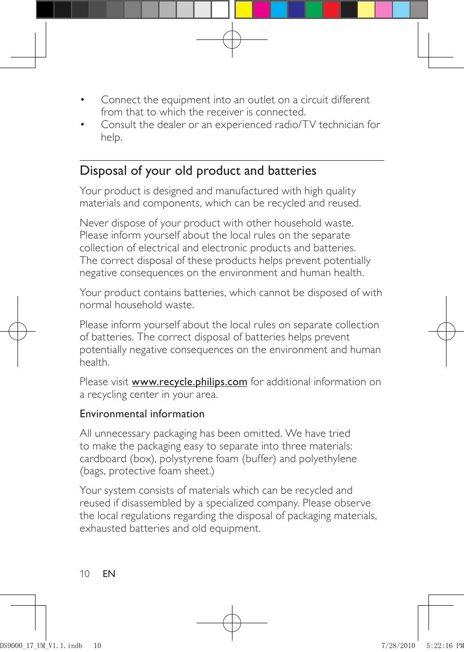 Disposal of your old product and batteries | Philips DS9000-27 User Manual | Page 10 / 24