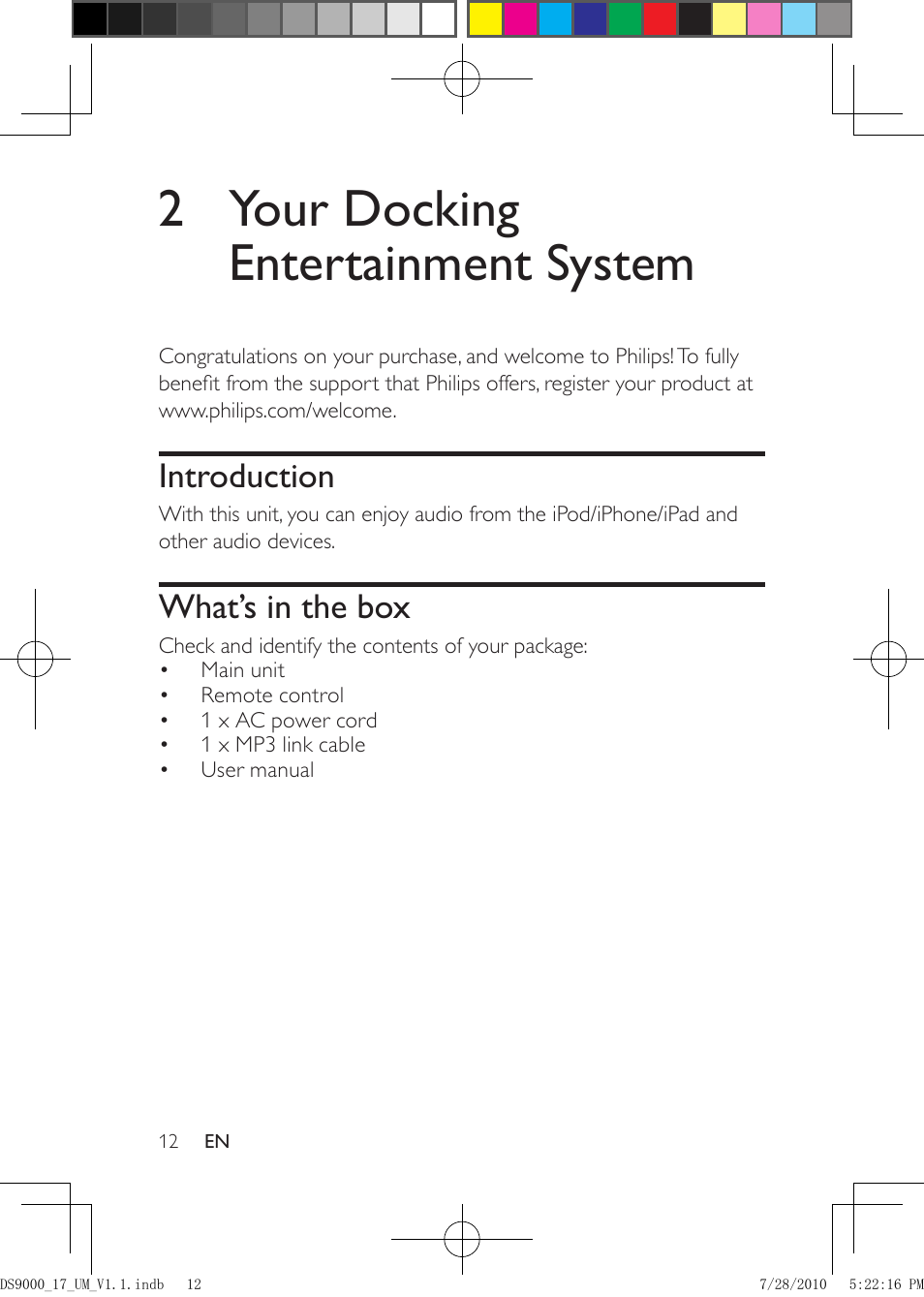 2 your docking entertainment system, Introduction, What’s in the box | Philips DS9000-27 User Manual | Page 12 / 24