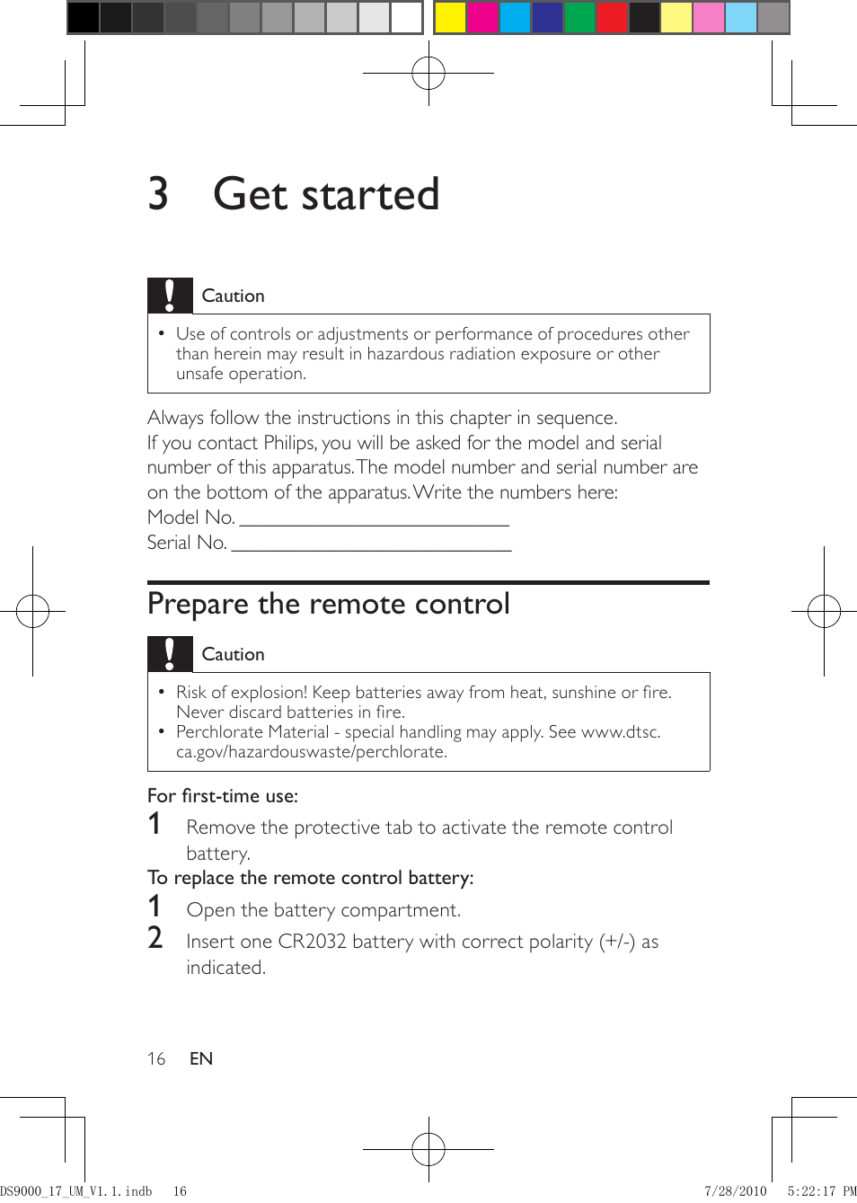 3 get started, Prepare the remote control | Philips DS9000-27 User Manual | Page 16 / 24