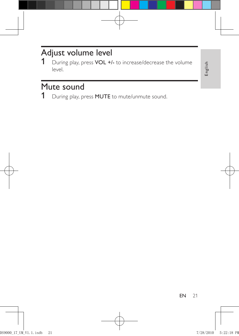 Adjust volume level, Mute sound, Adjust volume level 1 | Mute sound 1 | Philips DS9000-27 User Manual | Page 21 / 24