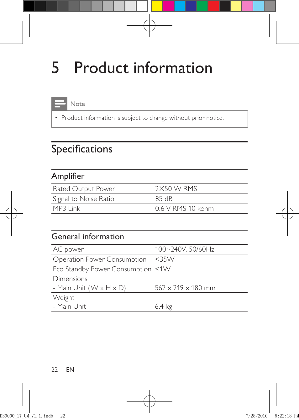 5 product information, Specifications, Amplifier | General information | Philips DS9000-27 User Manual | Page 22 / 24