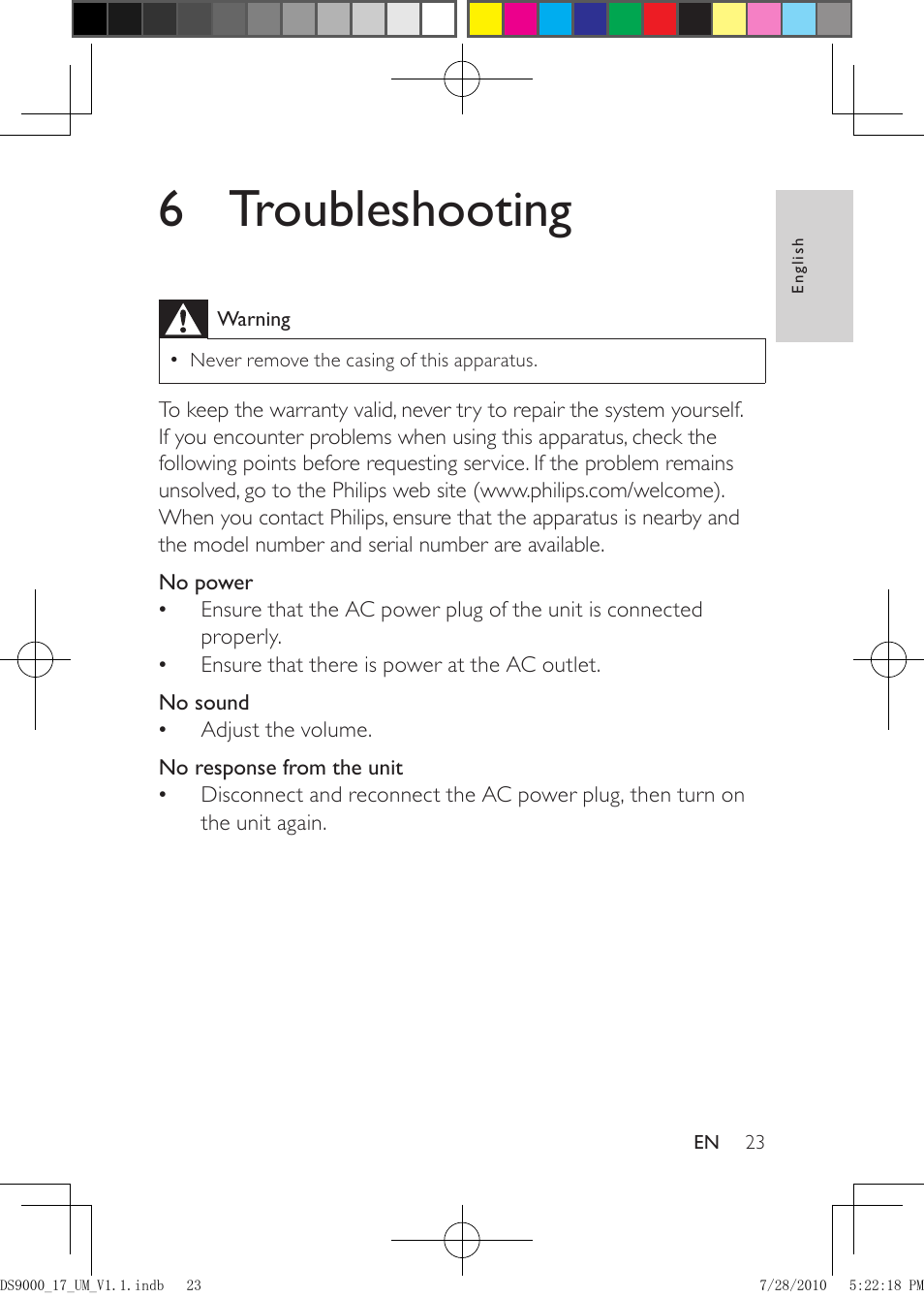 6 troubleshooting | Philips DS9000-27 User Manual | Page 23 / 24