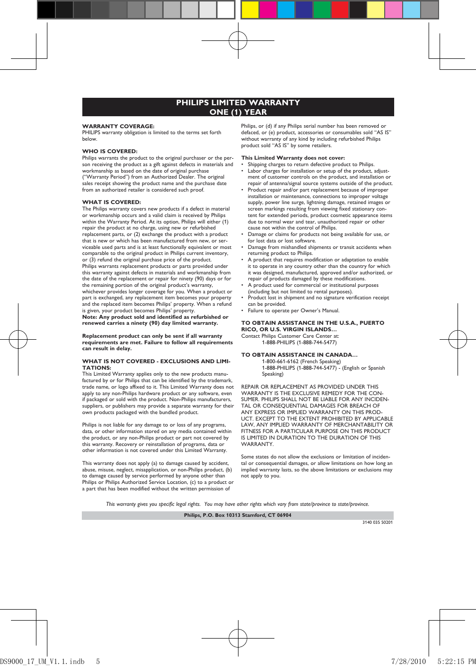 Philips limited warranty one (1) year | Philips DS9000-27 User Manual | Page 5 / 24