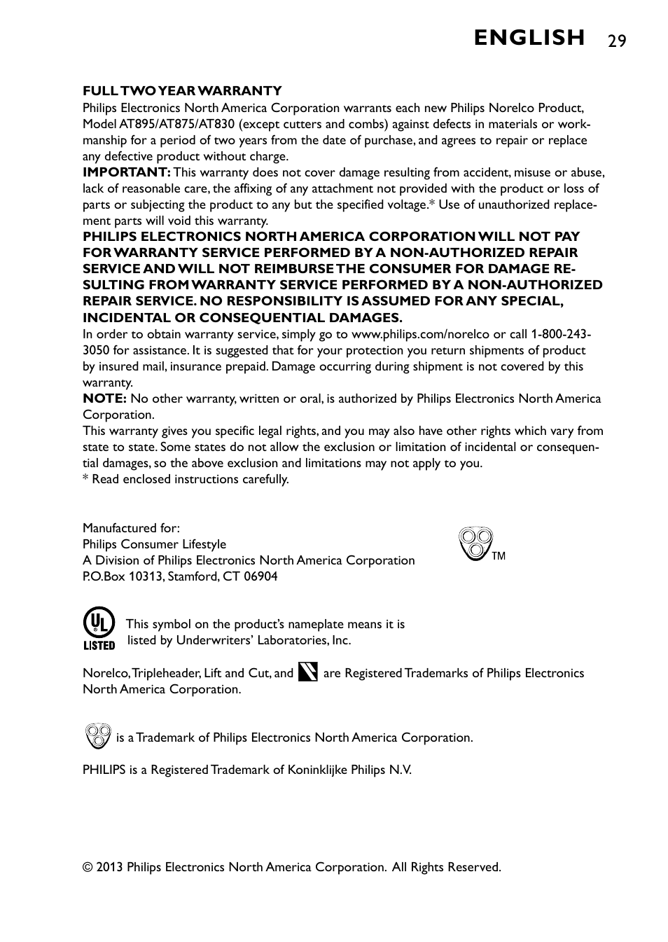 English | Philips AT895-41 User Manual | Page 29 / 29