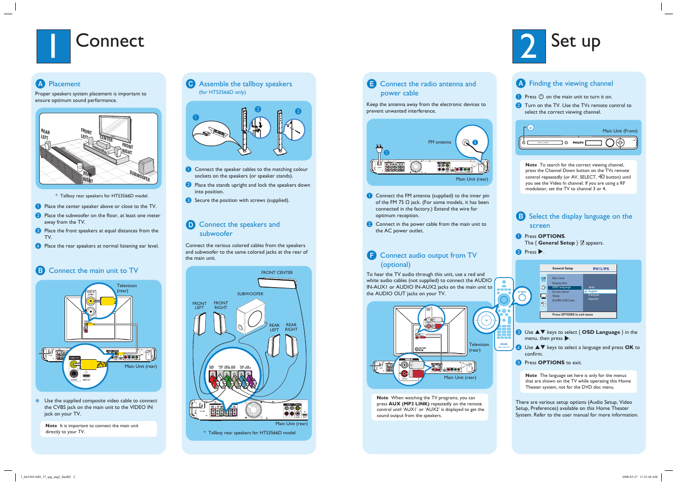 Connect, Set up, Aux 1 aux 2 video in (cvbs) | Aux 1 aux 2, Aux 2 aux 1, Aux 1 aux 2 audio out audio in, Audio out | Philips HTS3565D-37B User Manual | Page 2 / 2