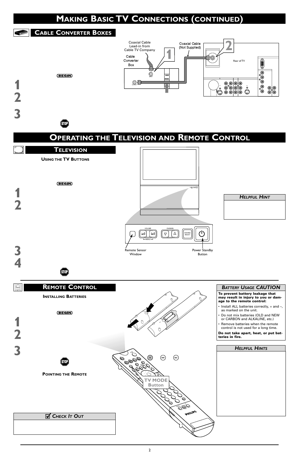 Tv c, Perating the, Elevision and | Emote, Ontrol t, Aking, Asic, Onnections, Continued, Elevision | Philips 46PP9352 User Manual | Page 2 / 8