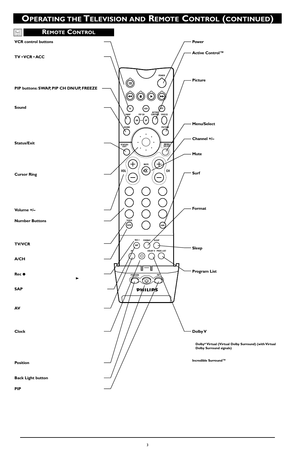 Perating the, Elevision and, Continued | Emote, Ontrol | Philips 46PP9352 User Manual | Page 3 / 8