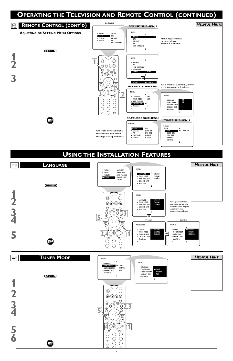 Sing the, Nstallation, Eatures l | Perating the, Elevision and, Continued, Uner, Anguage, Emote, Ontrol | Philips 46PP9352 User Manual | Page 4 / 8
