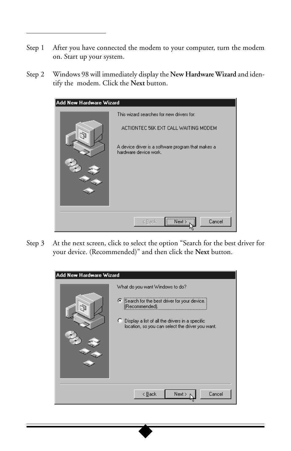 Configuring windows 98 | Actiontec electronic 56K User Manual | Page 15 / 33